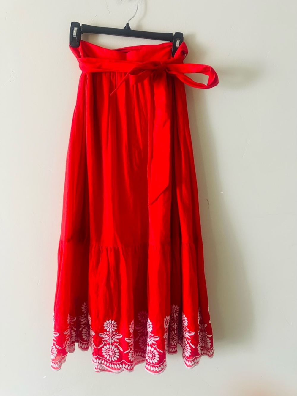Red Embroidered Midi Skirt with Tie Waist